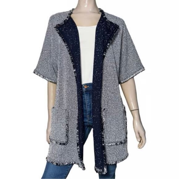 St. John Navy Fringe Hem Short Sleeve Knit Sweater Cardigan S - Picture 2 of 13